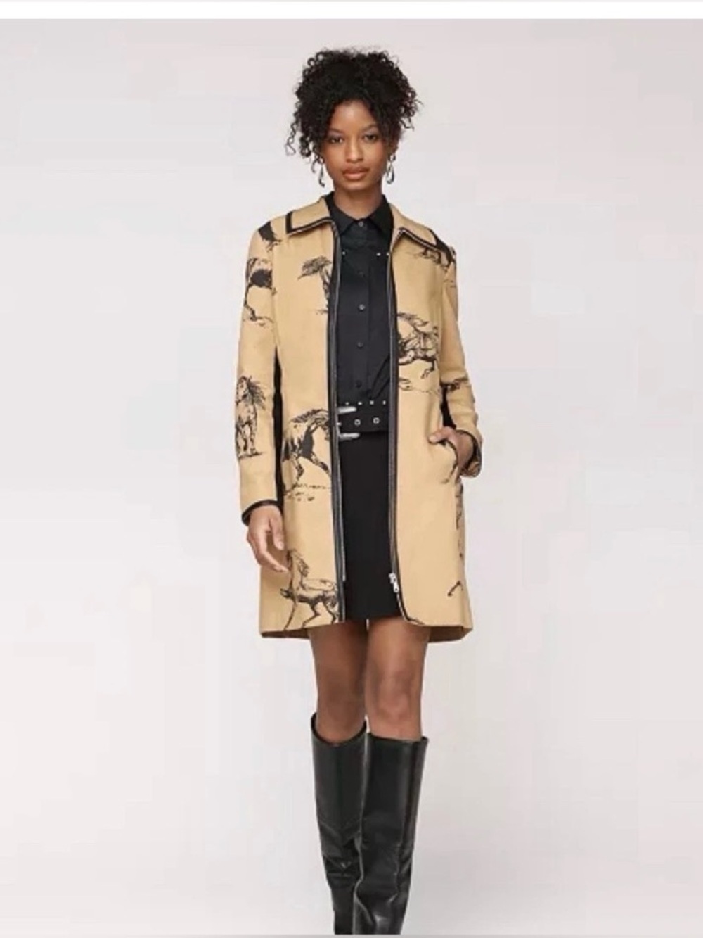 Avec Les Filles Tan Trench Coat with Black Horse Print - Size S - Picture 5 of 8